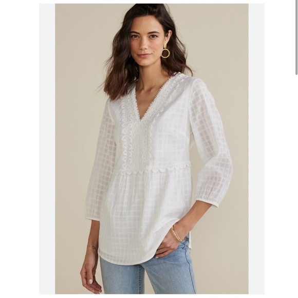 Soft surroundings Elodie windowpane Gause top Blouse size L(14/16) NWT - Picture 1 of 12